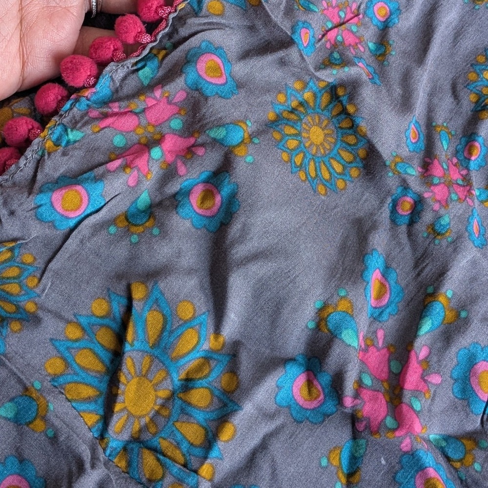 Natural Life Paisley Boho Print Pom Pom Trim Infinity Scarf Grey Pink Blue - Picture 2 of 4